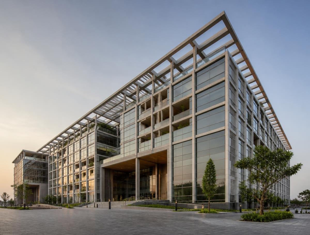 Contemporary commercial building with a precise concrete and glass facade