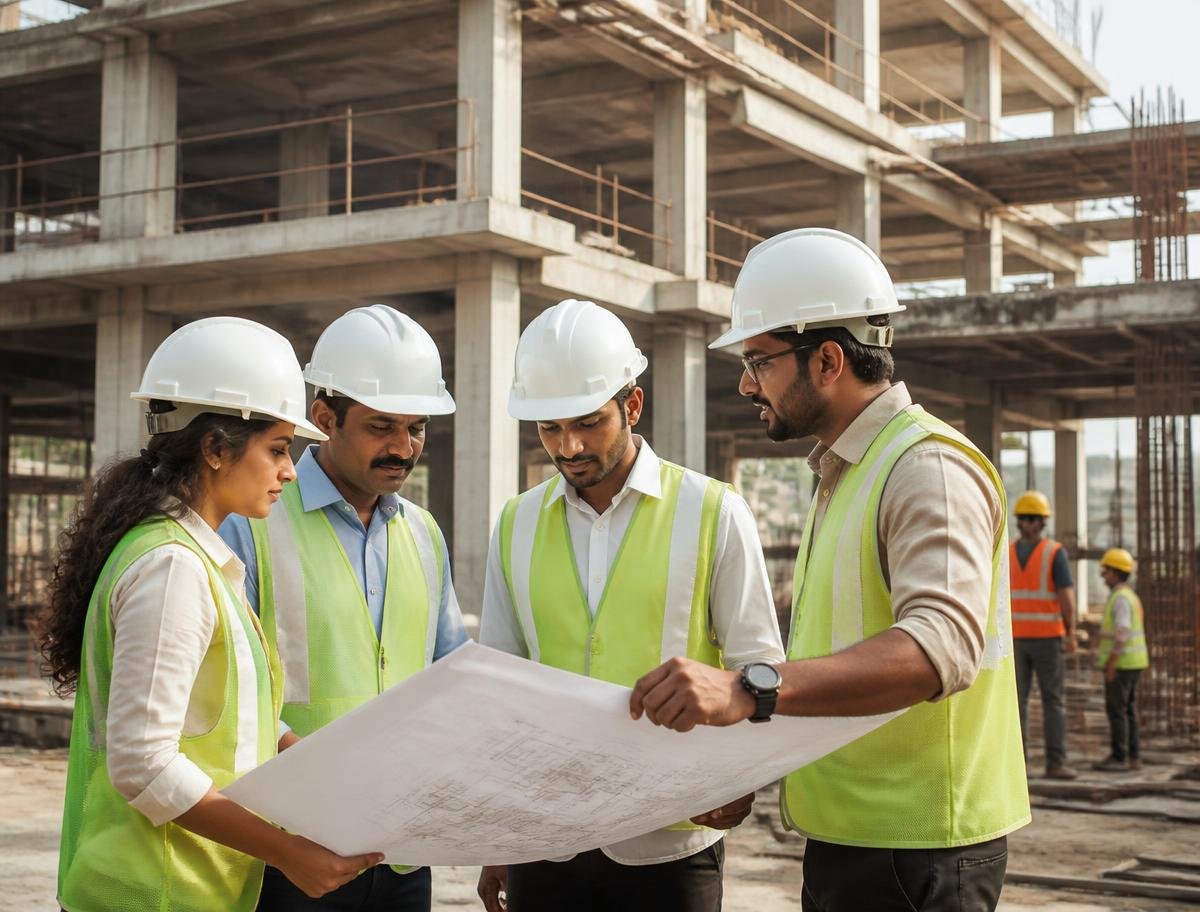 Engineering team reviewing construction drawings on site